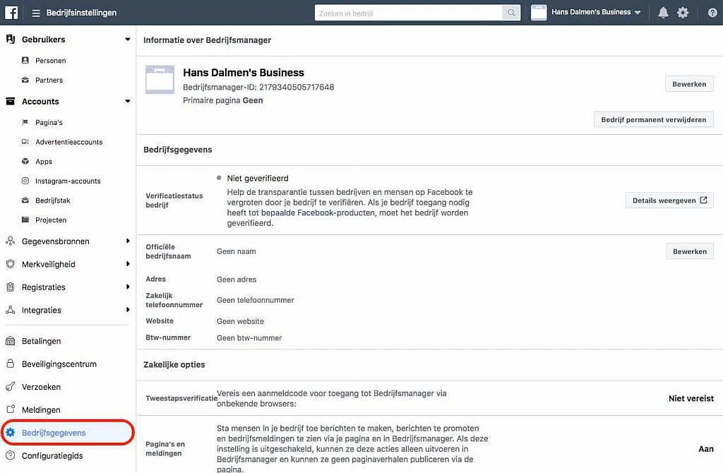 Bedrijfsinstellingen Business Manager Bedrijfsinstellingen Business Manager